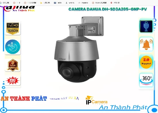  Camera Dahua DH-SD3A205-GNP-PV  xoay 360 độ zoom 5x tích hợp loa và micro thu âm hình ảnh full hd 1080p sắt nét dễ dàng giám sát qua mạng điện thoại, camera dahua tích hợp âm thanh to rõ chất lượng